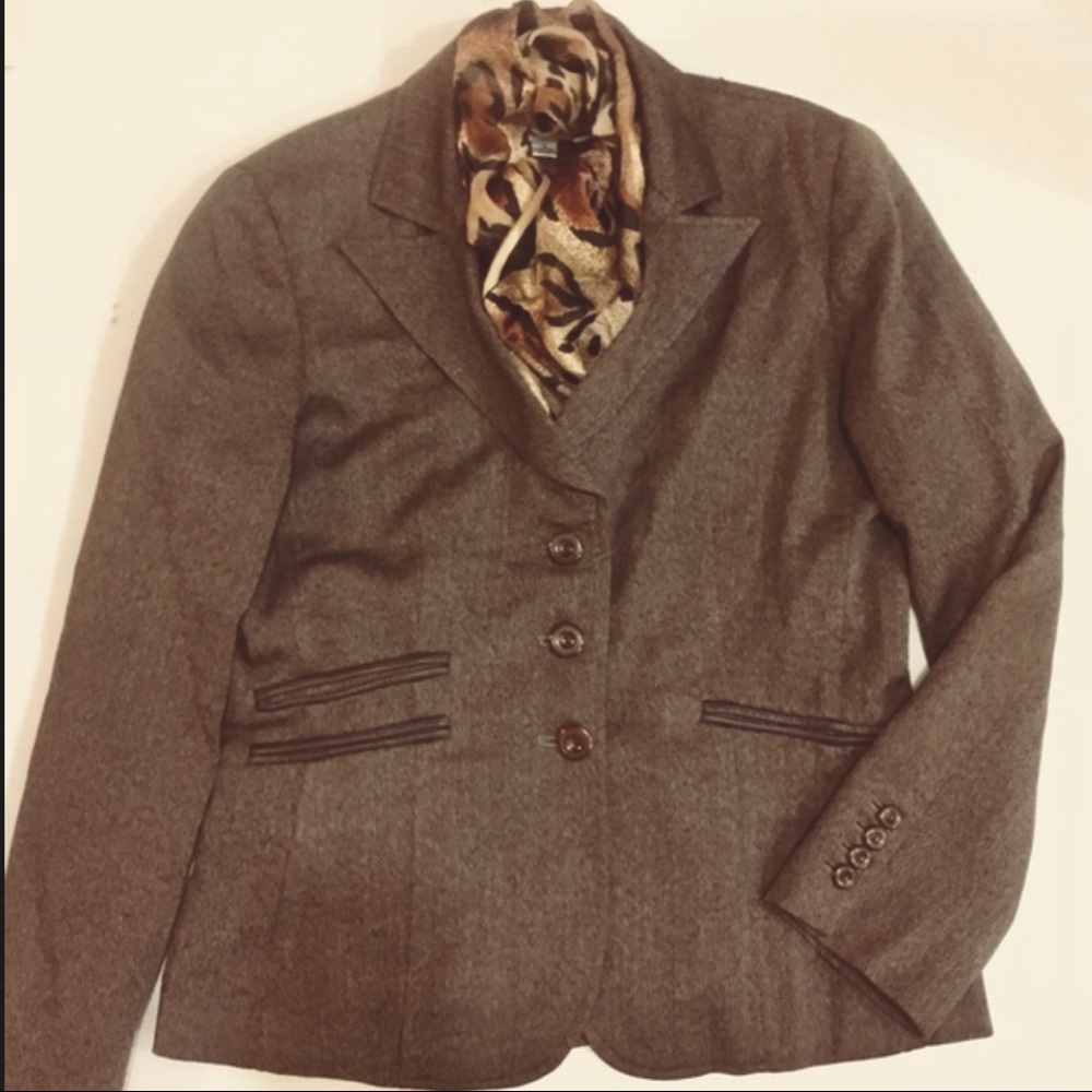 Bill Brass Herringbone Leather Trim Tailored Blazer